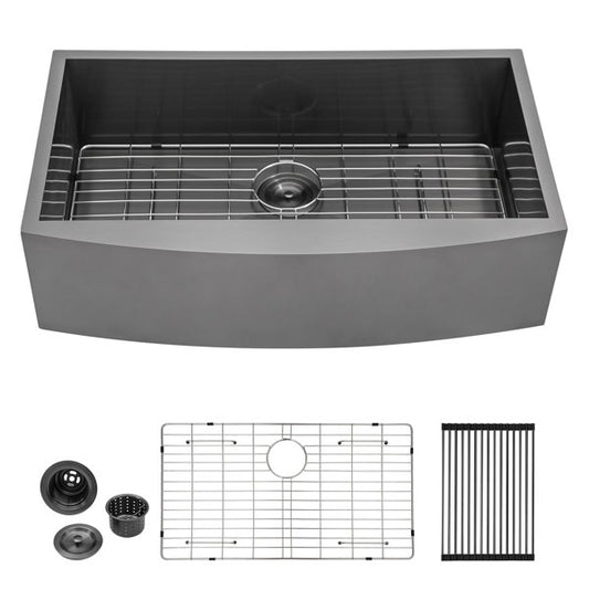 Farmhouse Gunmetal Black 16 Gauge Stainless Steel Kitchen Sink Single Bowl Apron Front Kitchen Sink-36  H x 21  W x 9  D  from Lordear