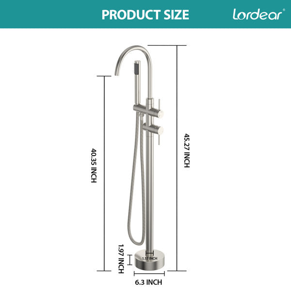 Lordear Floor Mount Bathtub Faucet Freestanding Tub Filler Standing High Flow Shower Faucets Shower Mixer Taps, Swivel Gooseneck Spout with Cylinder Handheld-Brushed Nickel  from Lordear