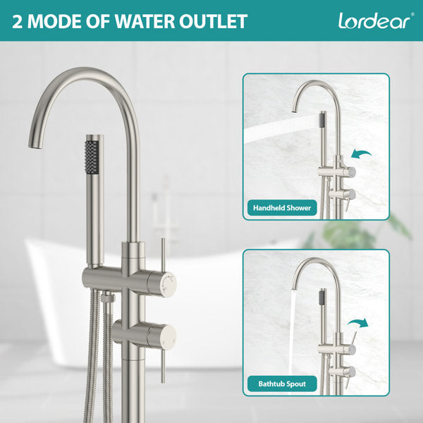 Lordear Floor Mount Bathtub Faucet Freestanding Tub Filler Standing High Flow Shower Faucets Shower Mixer Taps, Swivel Gooseneck Spout with Cylinder Handheld-Brushed Nickel  from Lordear