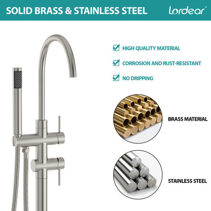 Lordear Floor Mount Bathtub Faucet Freestanding Tub Filler Standing High Flow Shower Faucets Shower Mixer Taps, Swivel Gooseneck Spout with Cylinder Handheld-Brushed Nickel  from Lordear