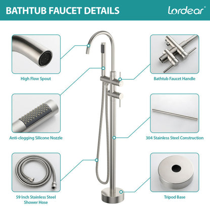 Lordear Floor Mount Bathtub Faucet Freestanding Tub Filler Standing High Flow Shower Faucets Shower Mixer Taps, Swivel Gooseneck Spout with Cylinder Handheld-Brushed Nickel  from Lordear