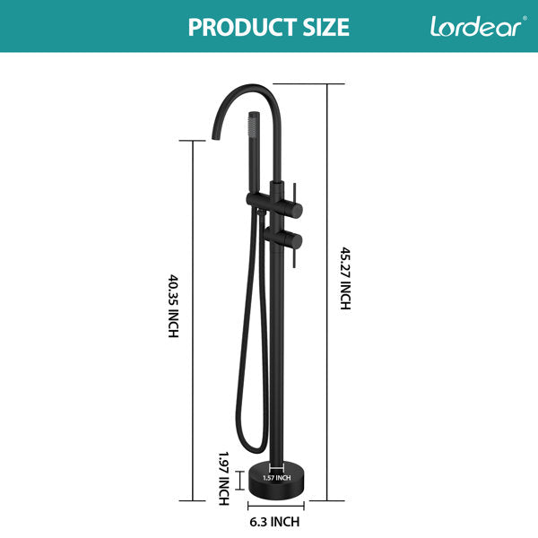 Lordear Floor Mount Bathtub Faucet Freestanding Tub Filler Standing High Flow Shower Faucets Shower Mixer Taps, Swivel Gooseneck Spout with Cylinder Handheld-Matte Black  from Lordear