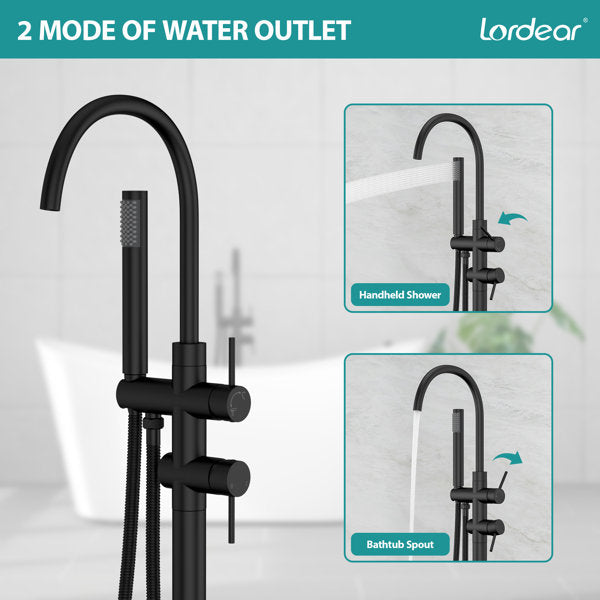 Lordear Floor Mount Bathtub Faucet Freestanding Tub Filler Standing High Flow Shower Faucets Shower Mixer Taps, Swivel Gooseneck Spout with Cylinder Handheld-Matte Black  from Lordear