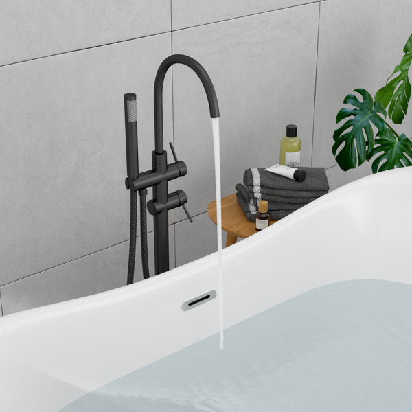 Lordear Floor Mount Bathtub Faucet Freestanding Tub Filler Standing High Flow Shower Faucets Shower Mixer Taps, Swivel Gooseneck Spout with Cylinder Handheld-Matte Black  from Lordear