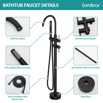 Lordear Floor Mount Bathtub Faucet Freestanding Tub Filler Standing High Flow Shower Faucets Shower Mixer Taps, Swivel Gooseneck Spout with Cylinder Handheld-Matte Black  from Lordear