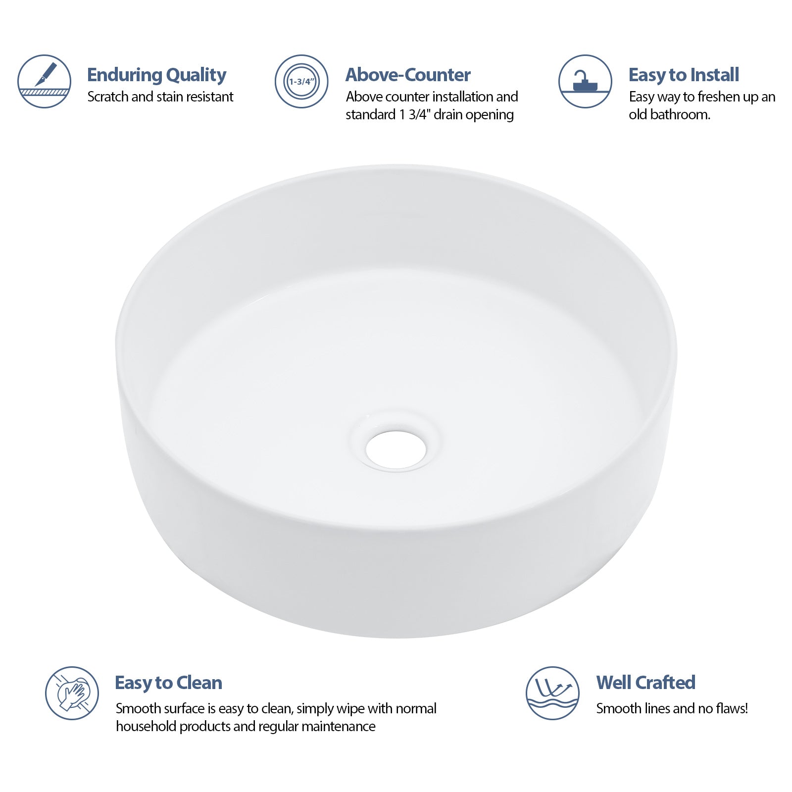 16in L x 16in W Vessel Round Bathroom Sink Modern Above Counter Bathroom Sink Ceramic Art Basin-White  from Lordear