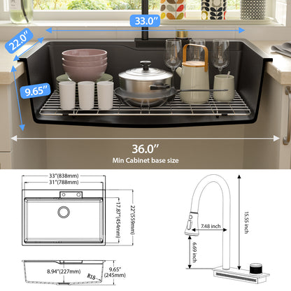 Quartz 33in X 22in Granite Composite Drop In Kitchen Sink Workstation Waterfall Single Bowl Sink-Black  from Lordear