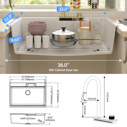 Quartz 33in X 22in Granite Composite Drop In Kitchen Sink Workstation Waterfall Single Bowl Sink-White  from Lordear