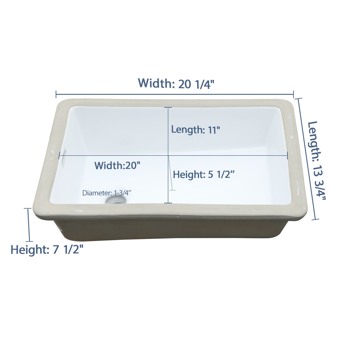 13.75in L x 20.25in W Undermount Bathroom Sink White Ceramic Rectangle Bathroom Sink with Overflow  from Lordear