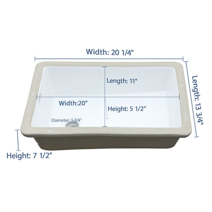 13.75in L x 20.25in W Undermount Bathroom Sink White Ceramic Rectangle Bathroom Sink with Overflow  from Lordear