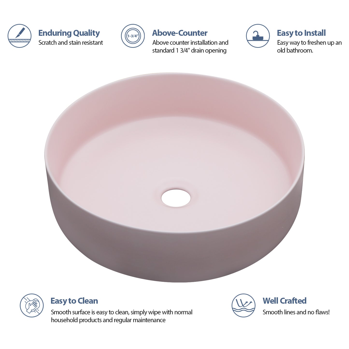 16in L x 16in W Vessel Round Bathroom Sink Modern Above Counter Bathroom Sink Ceramic Art Basin-Pink  from Lordear