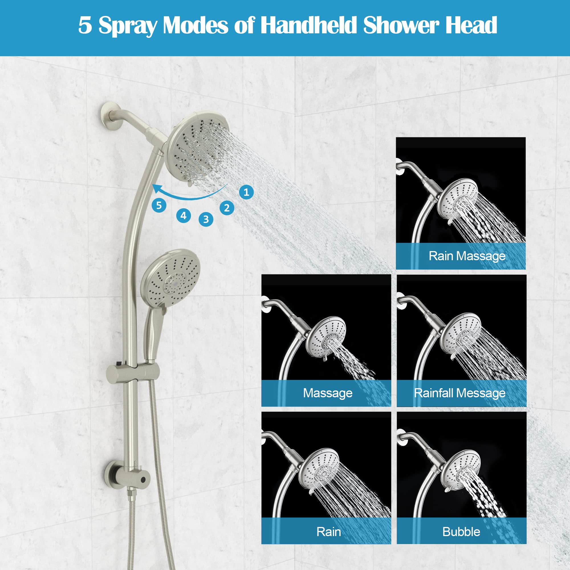 Lordear 5 Setting Rain Shower Head with Handheld Spray and 3-Way Water Diverter, Brushed Nickel Finish | Shower Head with Handheld | Lordear