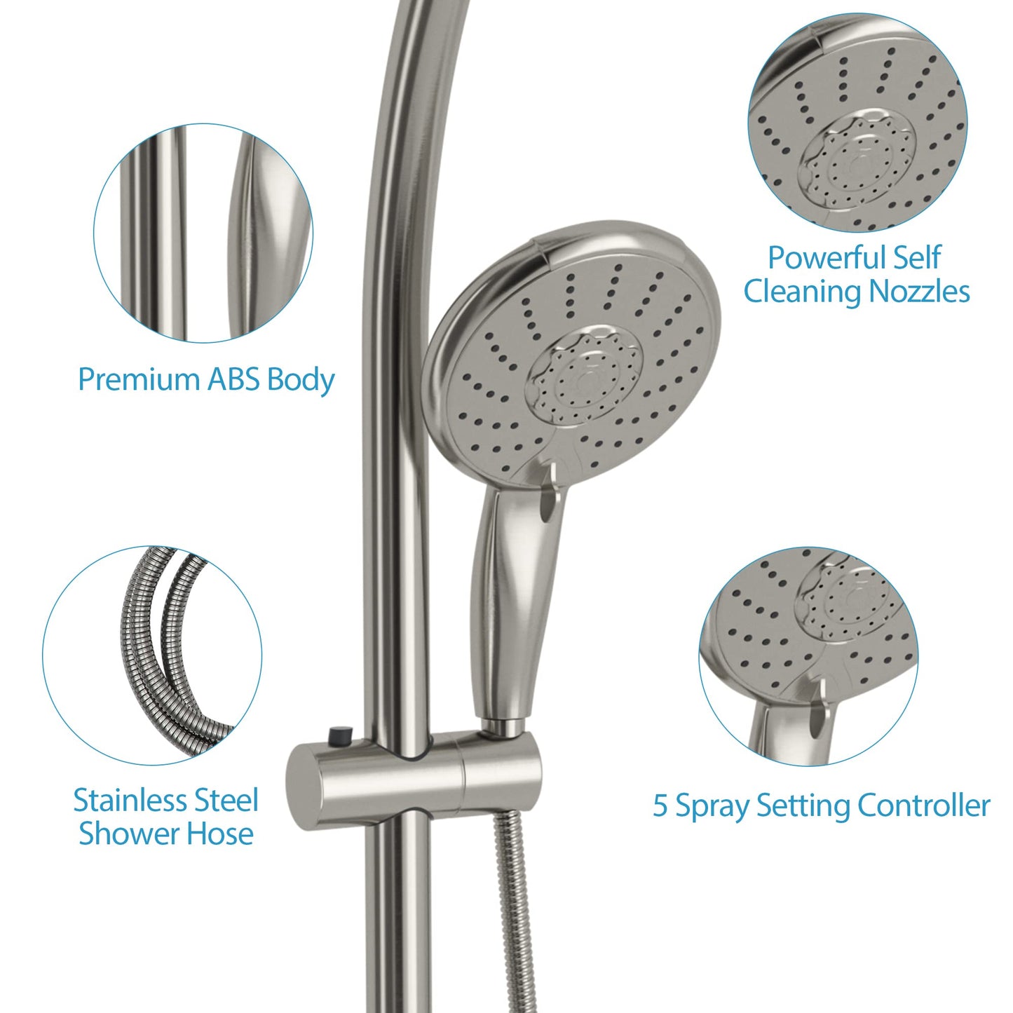 Lordear 5 Setting Rain Shower Head with Handheld Spray and 3-Way Water Diverter, Brushed Nickel Finish | Shower Head with Handheld | Lordear