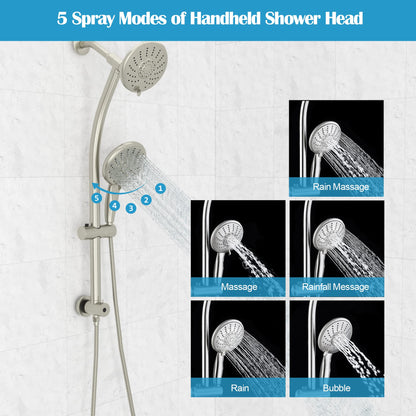 Lordear 5 Setting Rain Shower Head with Handheld Spray and 3-Way Water Diverter, Brushed Nickel Finish | Shower Head with Handheld | Lordear