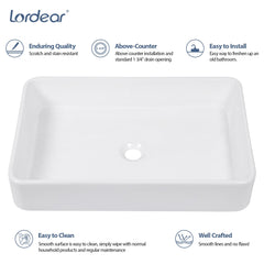 Lordear White Bathroom Sink 24"x16" Rectangle Bathroom Vessel Sink Modern Above Counter White Farmhouse 24 Inch Bathroom Sink Porcelain Ceramic Vanity Sink Art Basin