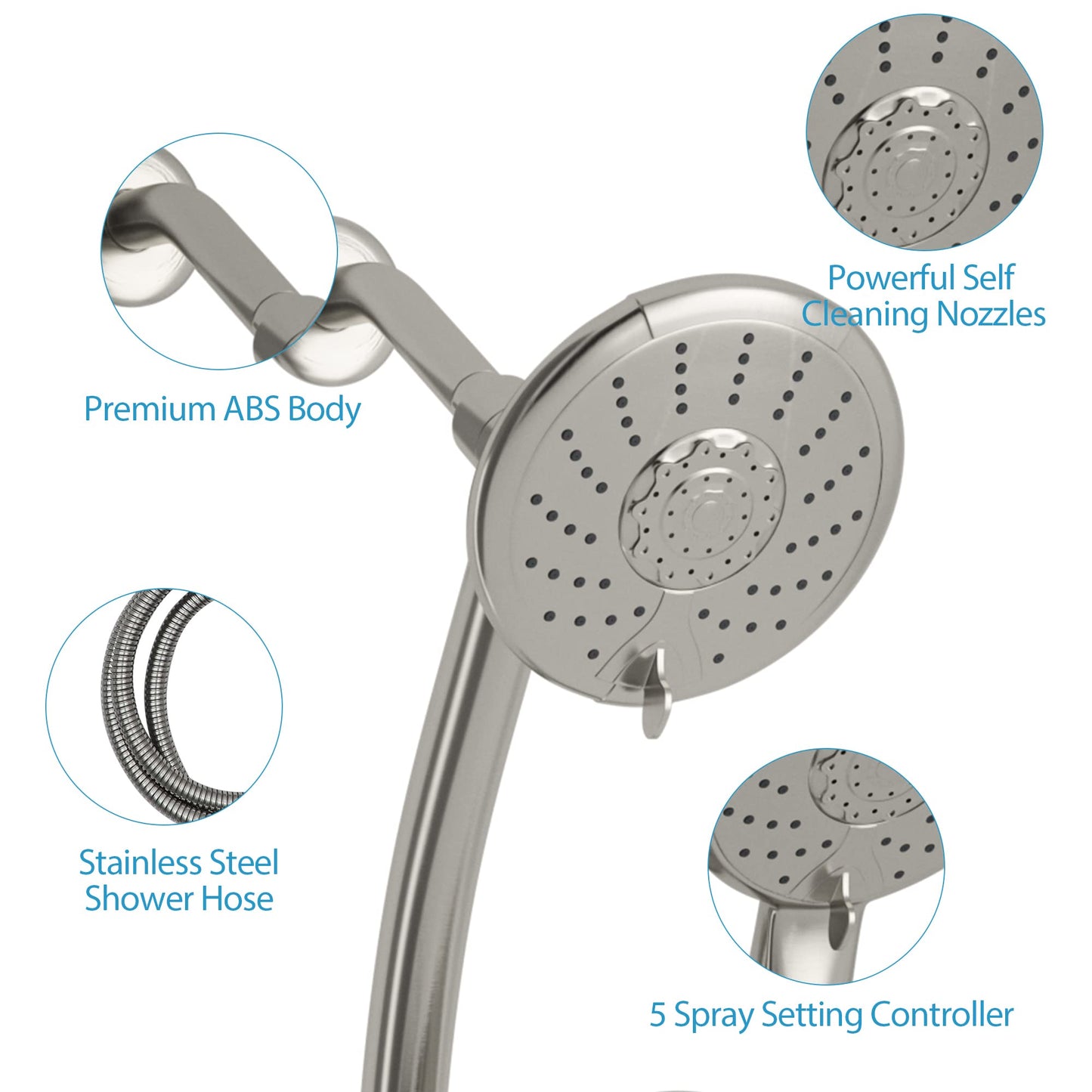 Lordear 5 Setting Rain Shower Head with Handheld Spray and 3-Way Water Diverter, Brushed Nickel Finish | Shower Head with Handheld | Lordear