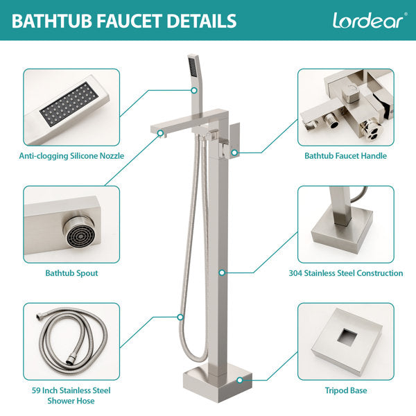 Lordear Freestanding Bathtub Faucet Floor Tub Spout with Diverter Filler Floor Mount Brass Bathroom Faucets with Hand Shower-Brushed Nickel  from Lordear