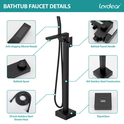 Lordear Freestanding Bathtub Faucet Floor Tub Spout with Diverter Filler Floor Mount Brass Bathroom Faucets with Hand Shower-Matte Black  from Lordear