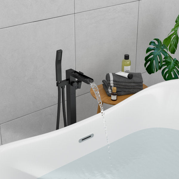 Lordear Freestanding Bathtub Faucet Waterfall Tub Filler Floor Mount Brass Bathroom Faucets with Hand Shower-Matte Black  from Lordear