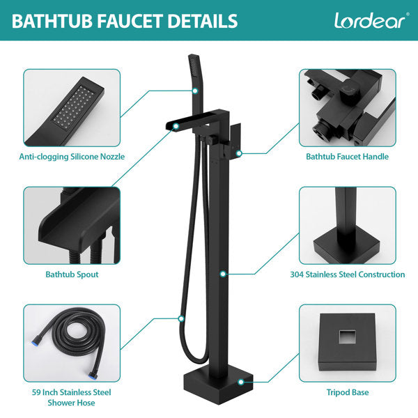 Lordear Freestanding Bathtub Faucet Waterfall Tub Filler Floor Mount Brass Bathroom Faucets with Hand Shower-Matte Black  from Lordear