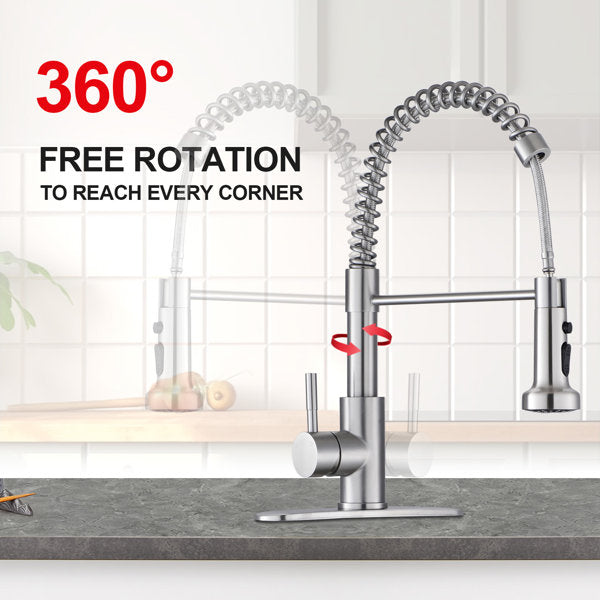 Lordear Kitchen Faucet with Pull Down Sprayer High Arc Single Handle Spring Kitchen Sink Faucet Brushed Nickel Modern Stainless Steel Kitchen Faucets  from Lordear