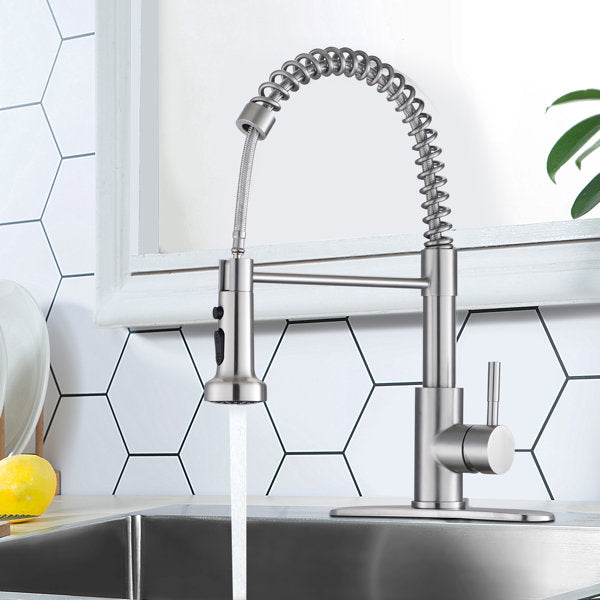 Lordear Kitchen Faucet with Pull Down Sprayer High Arc Single Handle Spring Kitchen Sink Faucet Brushed Nickel Modern Stainless Steel Kitchen Faucets  from Lordear