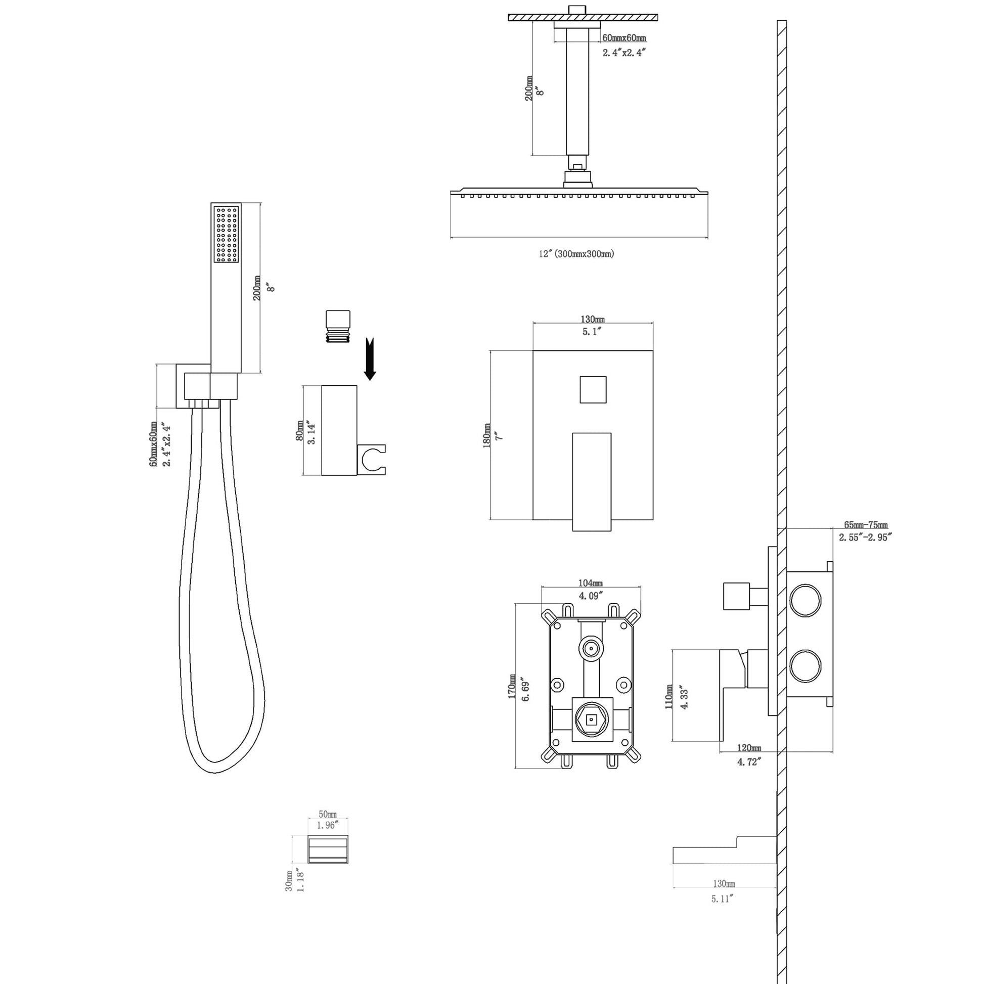 Luxury Rain Mixer Shower Combo Celling Mounted Rainfall Shower Head System Square Rain Shower Head | Shower Faucets & System | Lordear