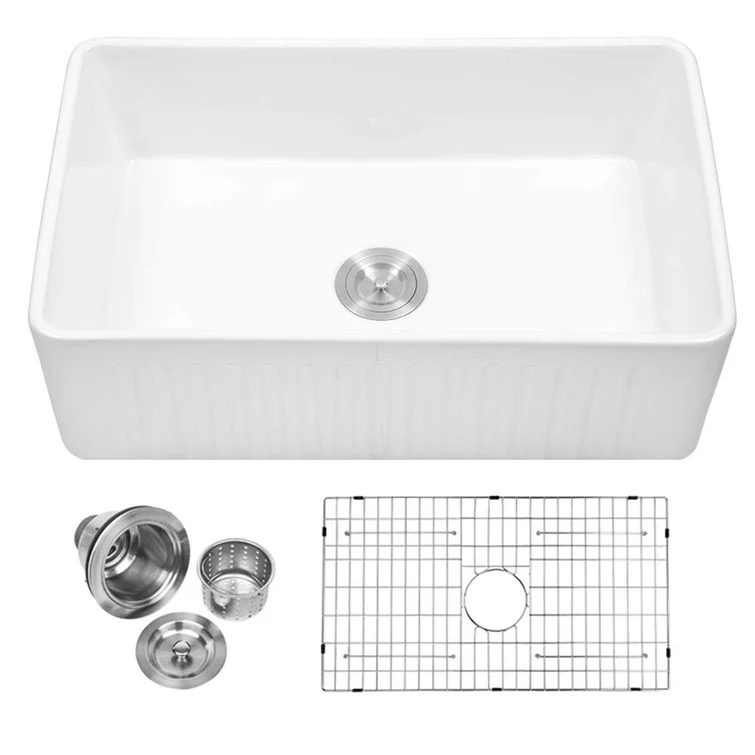 30in W x 18in D Farmhouse Kitchen Sink White Ceramic with Drain Apron Front with Accessories  from Lordear