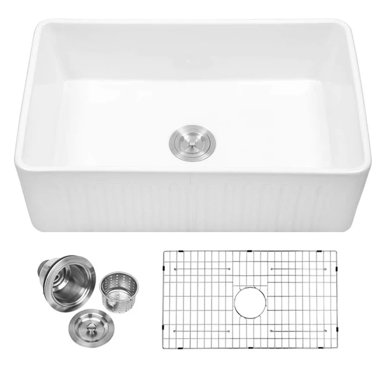 30in W x 18in D Farmhouse Kitchen Sink White Ceramic with Drain Apron Front with Accessories from Lordear