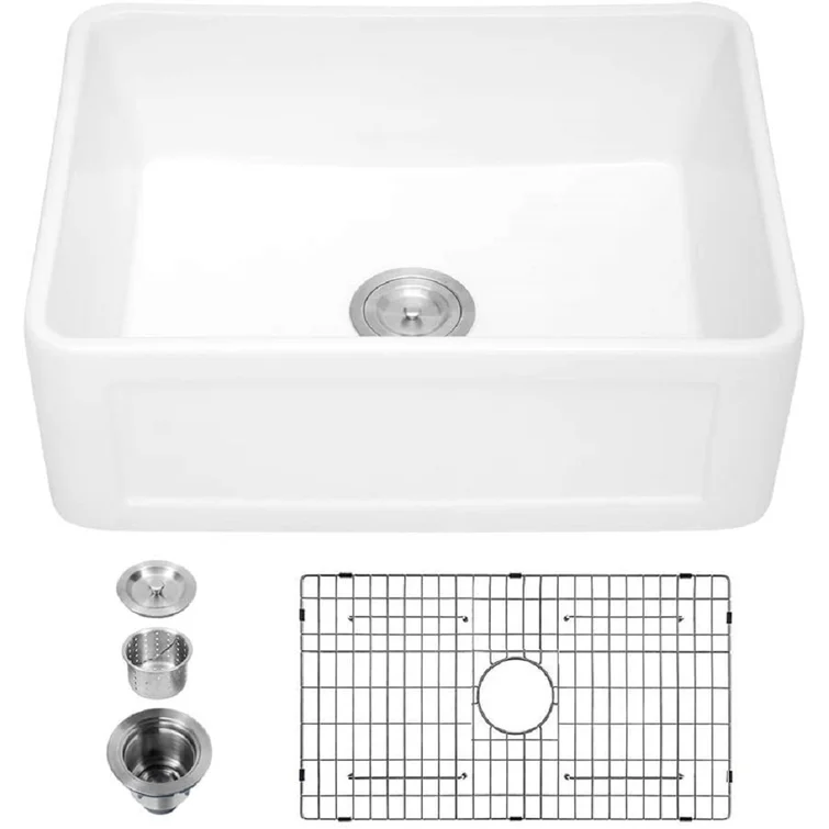 24in W x 18in D Farmhouse Kitchen Sink White Ceramic Single Bowl with Bottom Grid Apron Front  from Lordear