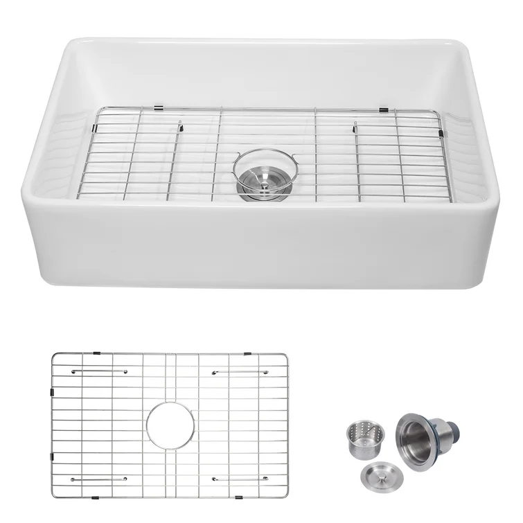 33in W x 20in D Farmhouse Kitchen Sink Ceramic Single Bowl with Grid  Strainer Apron Front