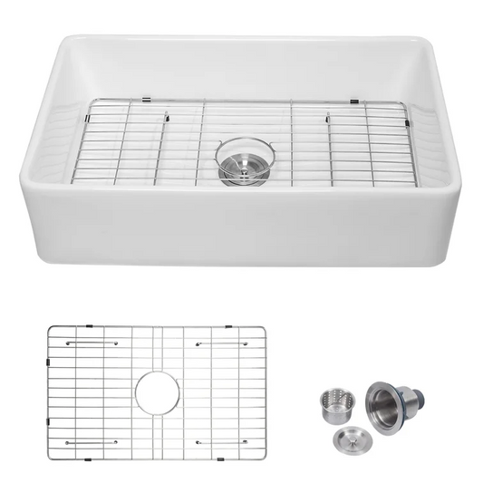 33in W x 20in D Farmhouse Kitchen Sink Ceramic Single Bowl with Grid Strainer Apron Front  from Lordear