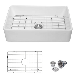 33in W x 20in D Farmhouse Kitchen Sink Ceramic Single Bowl with Grid Strainer Apron Front from Lordear