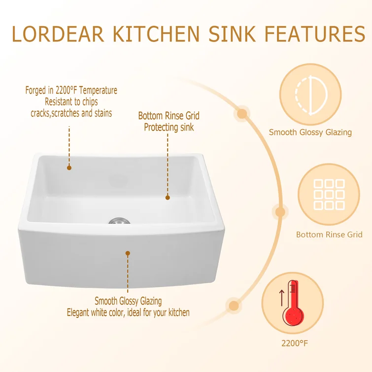 24 Inch Farmhouse Kitchen Sink White Ceramic Single Bowl  with Accessories Apron Front  from Lordear