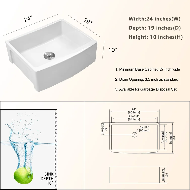 24 Inch Farmhouse Kitchen Sink White Ceramic Single Bowl  with Accessories Apron Front  from Lordear