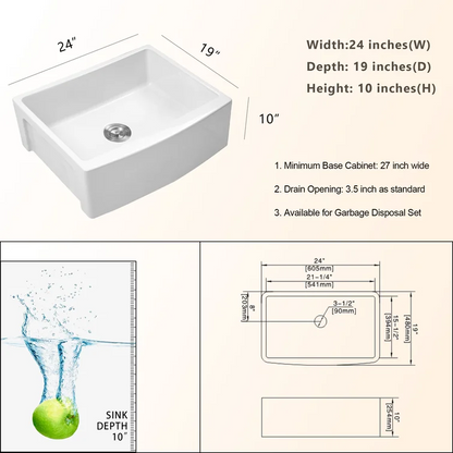 24 Inch Farmhouse Kitchen Sink White Ceramic Single Bowl  with Accessories Apron Front  from Lordear