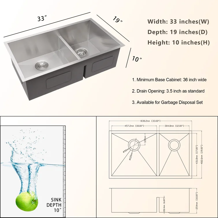 30in /33in W x 19in D Stainless Steel Kitchen Sink Double Equal/Offset Bowl Undermount  from Lordear