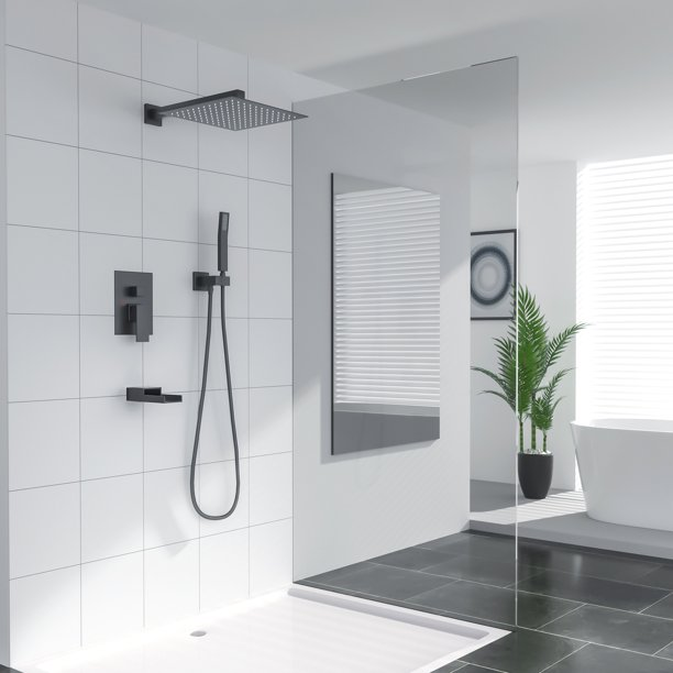 10 Inch Rainfall Shower Head System with Handheld and Waterfall Faucet in Matt Black Wall Mounted from Lordear