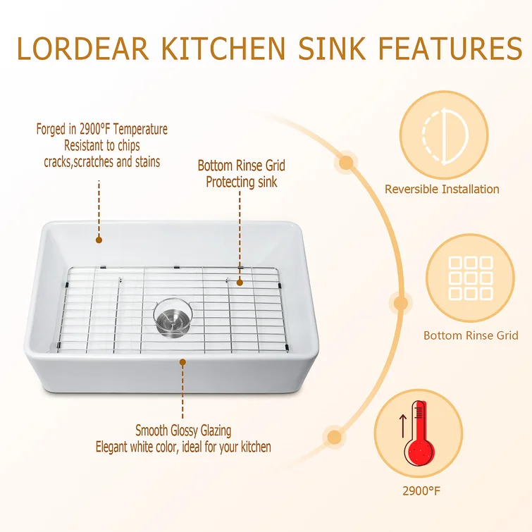 24in W x 18in D Farmhouse Kitchen Sink White Ceramic Single Bowl with Bottom Grid Apron Front  from Lordear