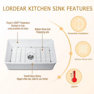 24in W x 18in D Farmhouse Kitchen Sink White Ceramic Single Bowl with Bottom Grid Apron Front from Lordear