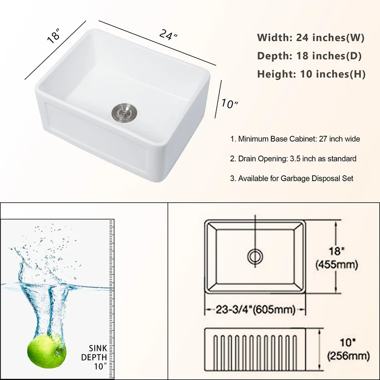 24in W x 18in D Farmhouse Kitchen Sink White Ceramic Single Bowl with Bottom Grid Apron Front  from Lordear