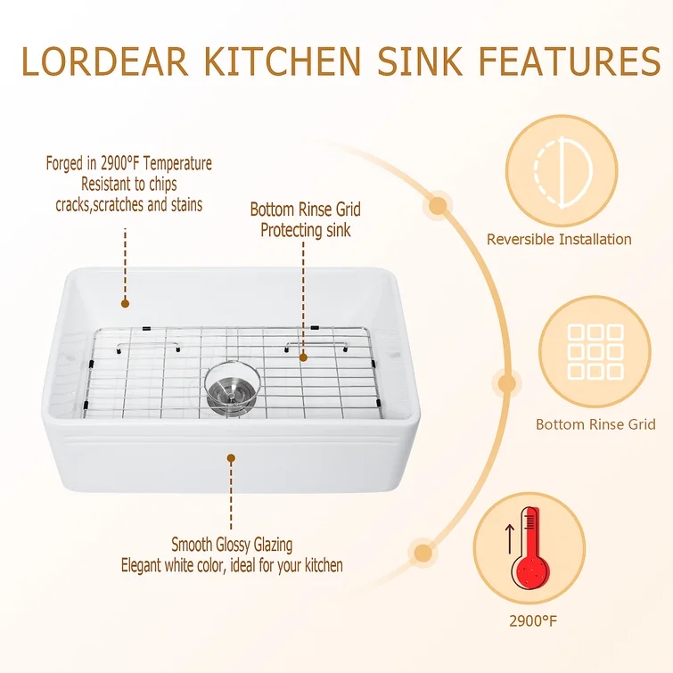 30in W x 18in D Farmhouse Kitchen Sink White Ceramic with Drain Apron Front with Accessories  from Lordear