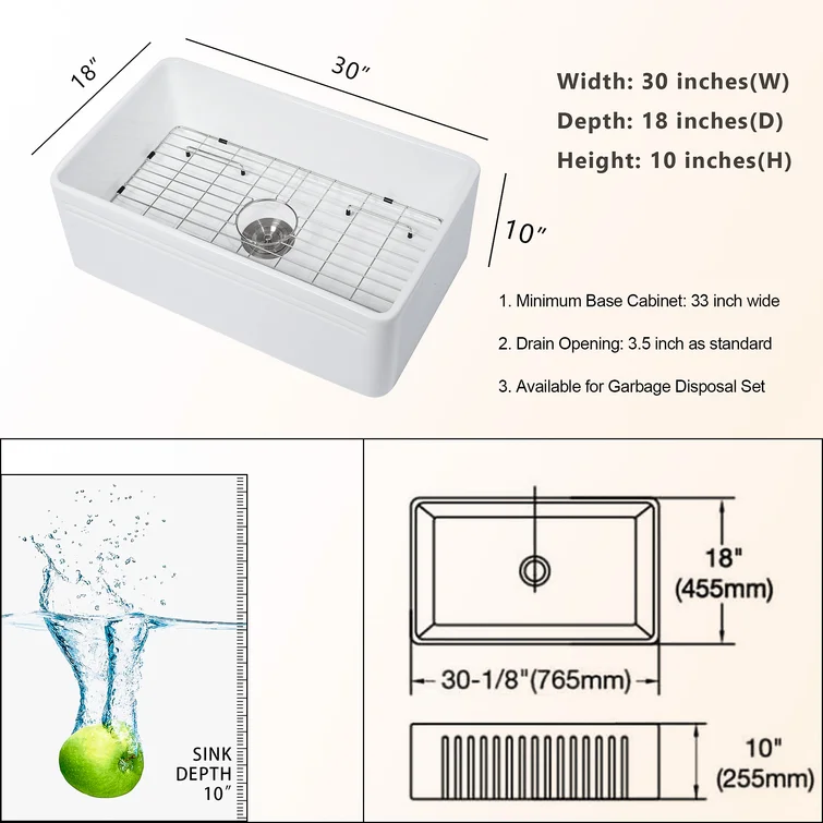 30in W x 18in D Farmhouse Kitchen Sink White Ceramic with Drain Apron Front with Accessories  from Lordear