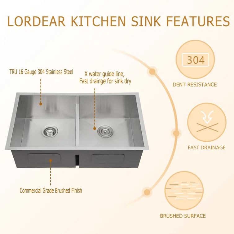 30in /33in W x 19in D Stainless Steel Kitchen Sink Double Equal/Offset Bowl Undermount  from Lordear