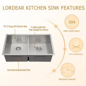 30in /33in W x 19in D Stainless Steel Kitchen Sink Double Equal/Offset Bowl Undermount from Lordear