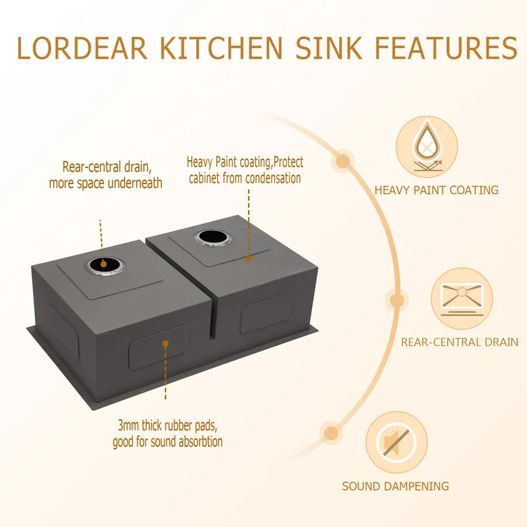 30in /33in W x 19in D Stainless Steel Kitchen Sink Double Equal/Offset Bowl Undermount  from Lordear