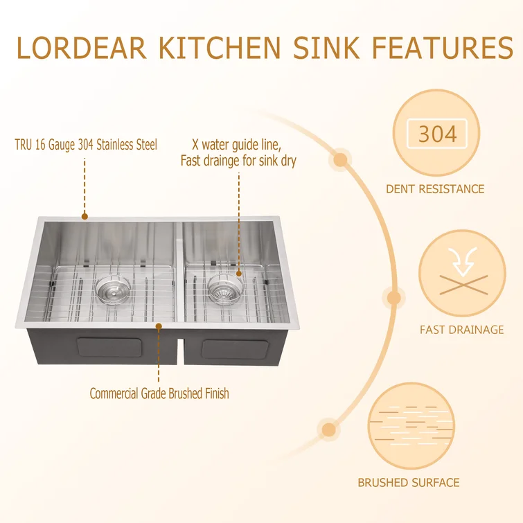 30in /33in W x 19in D Stainless Steel Kitchen Sink Double Equal/Offset Bowl Undermount  from Lordear