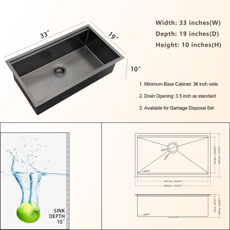 33in W x 19in D Stainless Steel Kitchen Sink Workstation Single Bowl with Cutting Board Undermount  from Lordear