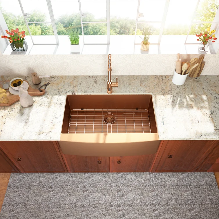 36in W x 21in D Farmhouse Kitchen Sink with Bottom Grid Rose Gold Apron Front Single Bowl  from Lordear