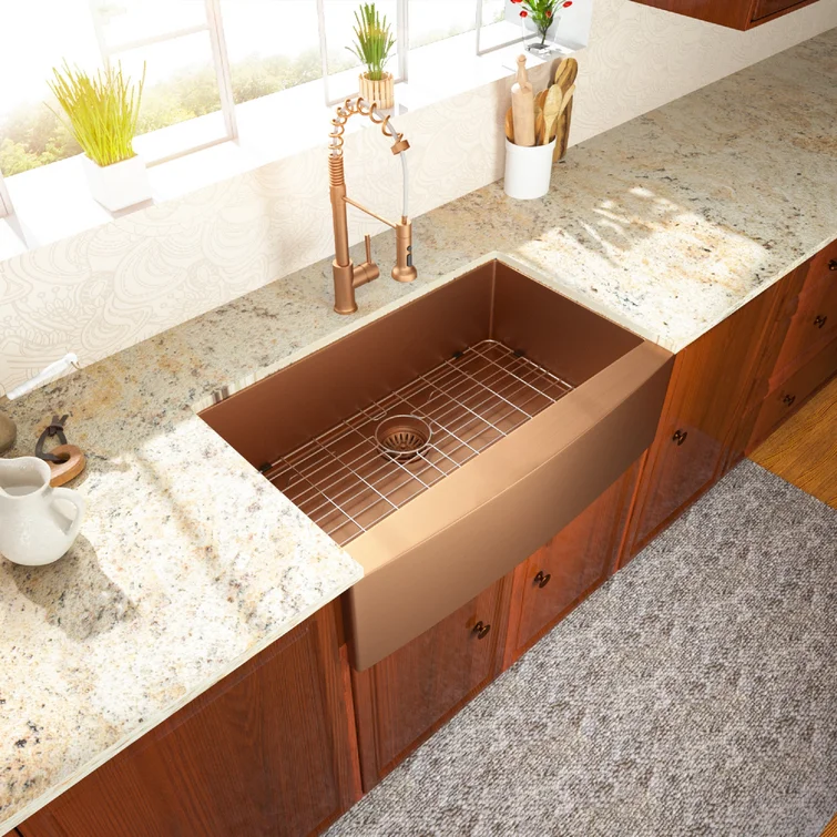 36in W x 21in D Farmhouse Kitchen Sink with Bottom Grid Rose Gold Apron Front Single Bowl  from Lordear